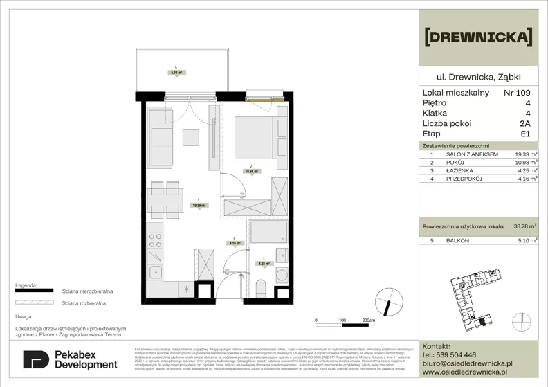 2 pokoje, mieszkanie 38,78 m², piętro 4, oferta nr E1.109, Drewnicka, Ząbki, ul. Drewnicka 7