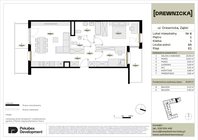 3 pokoje, mieszkanie 63,69 m², piętro 1, oferta nr E1.6, Drewnicka, Ząbki, ul. Drewnicka 7