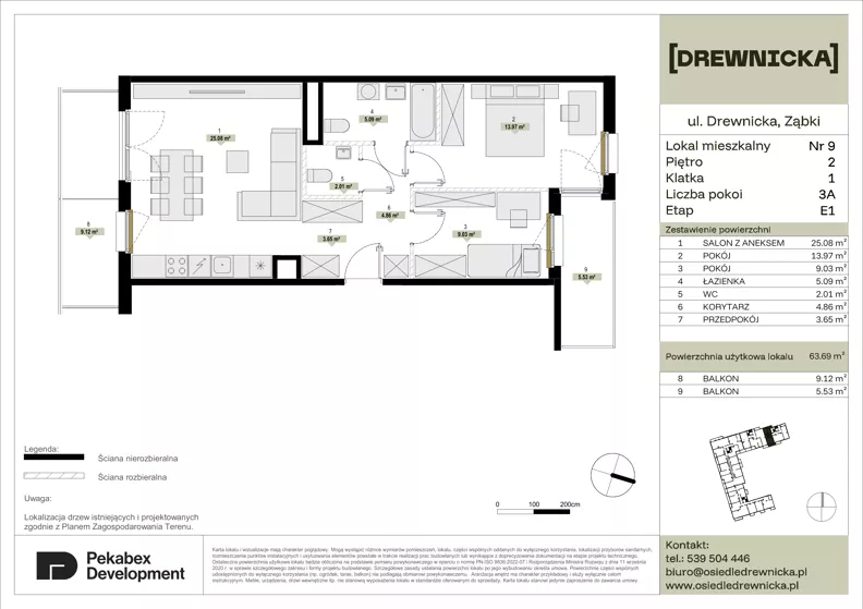 3 pokoje, mieszkanie 63,69 m², piętro 2, oferta nr E1.9, Drewnicka, Ząbki, ul. Drewnicka 7