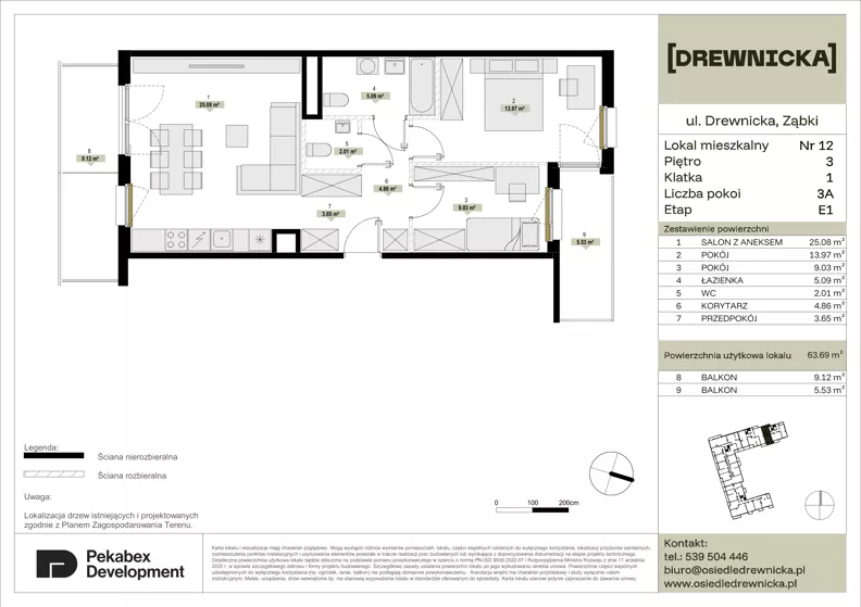 3 pokoje, mieszkanie 63,69 m², piętro 3, oferta nr E1.12, Drewnicka, Ząbki, ul. Drewnicka 7