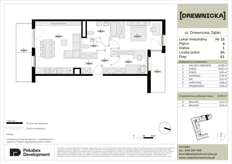 3 pokoje, mieszkanie 63,69 m², piętro 4, oferta nr E1.15, Drewnicka, Ząbki, ul. Drewnicka 7
