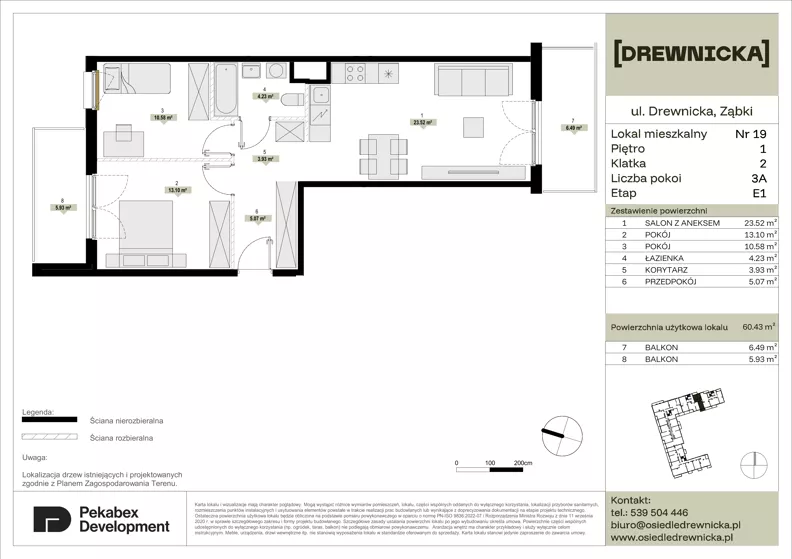3 pokoje, mieszkanie 60,43 m², piętro 1, oferta nr E1.19, Drewnicka, Ząbki, ul. Drewnicka 7
