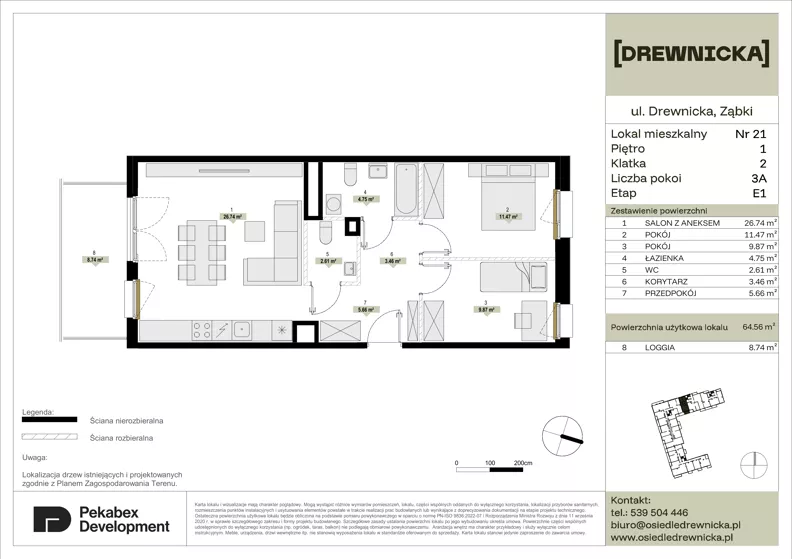 3 pokoje, mieszkanie 64,56 m², piętro 1, oferta nr E1.21, Drewnicka, Ząbki, ul. Drewnicka 7