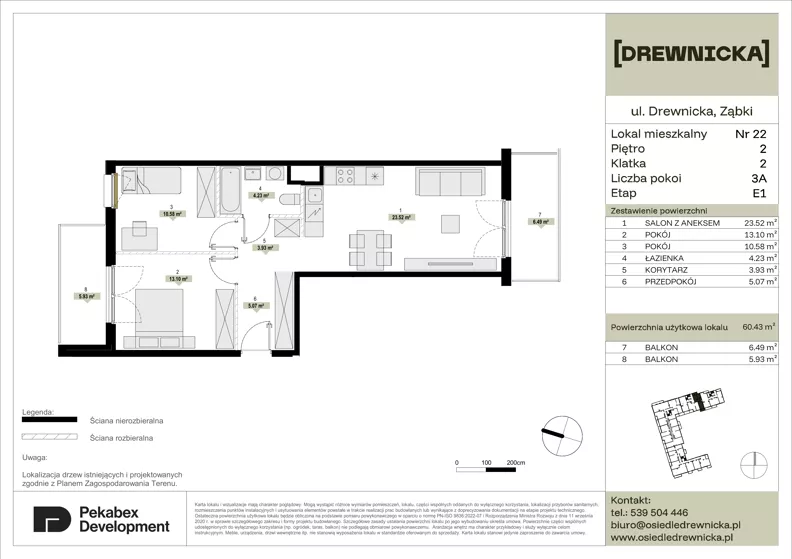 3 pokoje, mieszkanie 60,43 m², piętro 2, oferta nr E1.22, Drewnicka, Ząbki, ul. Drewnicka 7