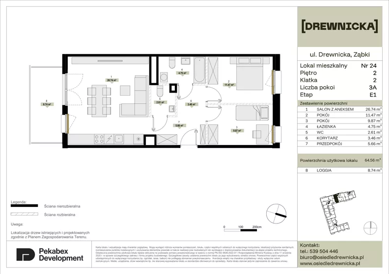 3 pokoje, mieszkanie 64,56 m², piętro 2, oferta nr E1.24, Drewnicka, Ząbki, ul. Drewnicka 7