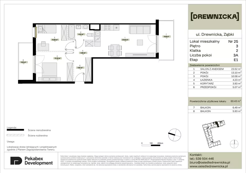 3 pokoje, mieszkanie 60,43 m², piętro 3, oferta nr E1.25, Drewnicka, Ząbki, ul. Drewnicka 7