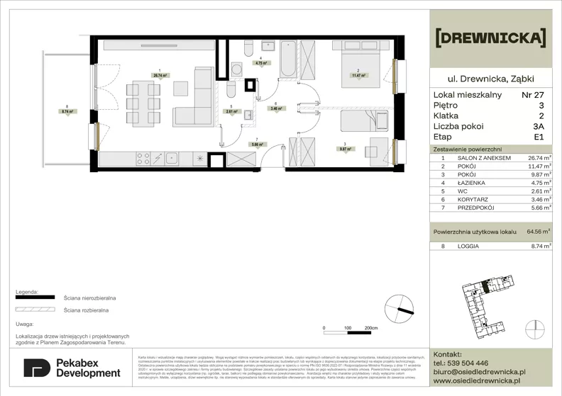 3 pokoje, mieszkanie 64,56 m², piętro 3, oferta nr E1.27, Drewnicka, Ząbki, ul. Drewnicka 7