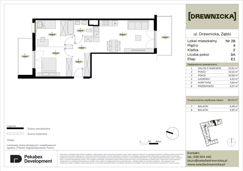 3 pokoje, mieszkanie 60,43 m², piętro 4, oferta nr E1.28, Drewnicka, Ząbki, ul. Drewnicka 7