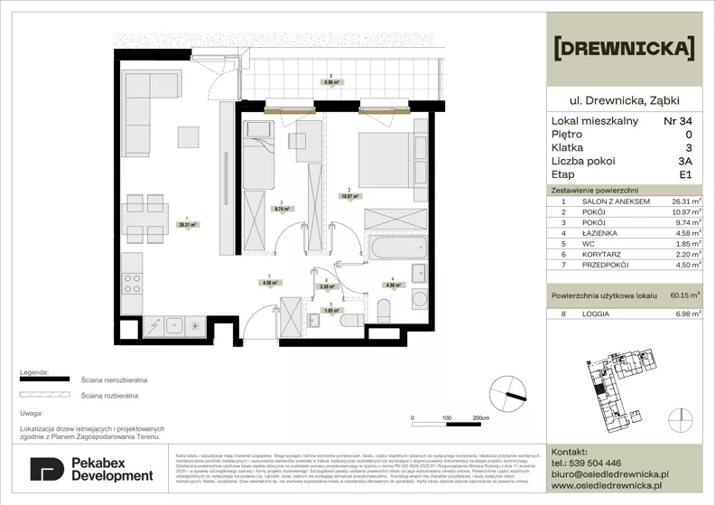 3 pokoje, mieszkanie 60,15 m², parter, oferta nr E1.34, Drewnicka, Ząbki, ul. Drewnicka 7