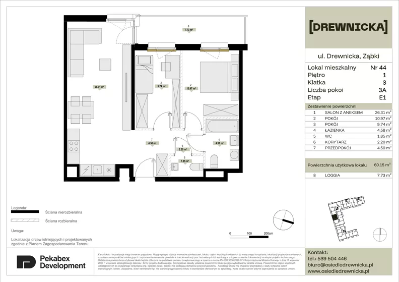 3 pokoje, mieszkanie 60,15 m², piętro 1, oferta nr E1.44, Drewnicka, Ząbki, ul. Drewnicka 7
