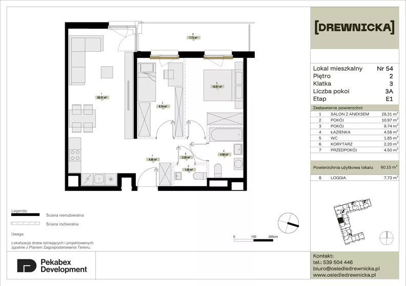 3 pokoje, mieszkanie 60,15 m², piętro 2, oferta nr E1.54, Drewnicka, Ząbki, ul. Drewnicka 7