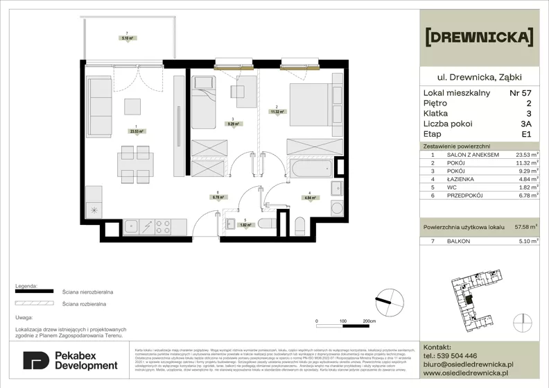 3 pokoje, mieszkanie 57,58 m², piętro 2, oferta nr E1.57, Drewnicka, Ząbki, ul. Drewnicka 7