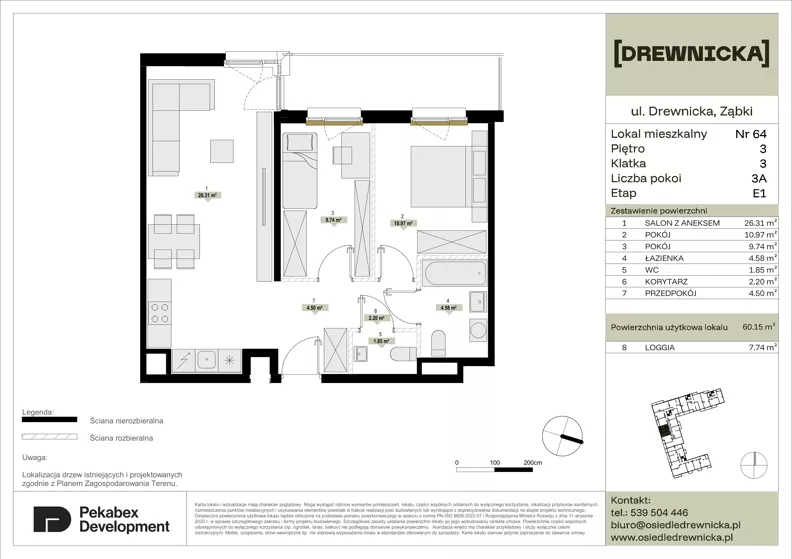 3 pokoje, mieszkanie 60,15 m², piętro 3, oferta nr E1.64, Drewnicka, Ząbki, ul. Drewnicka 7