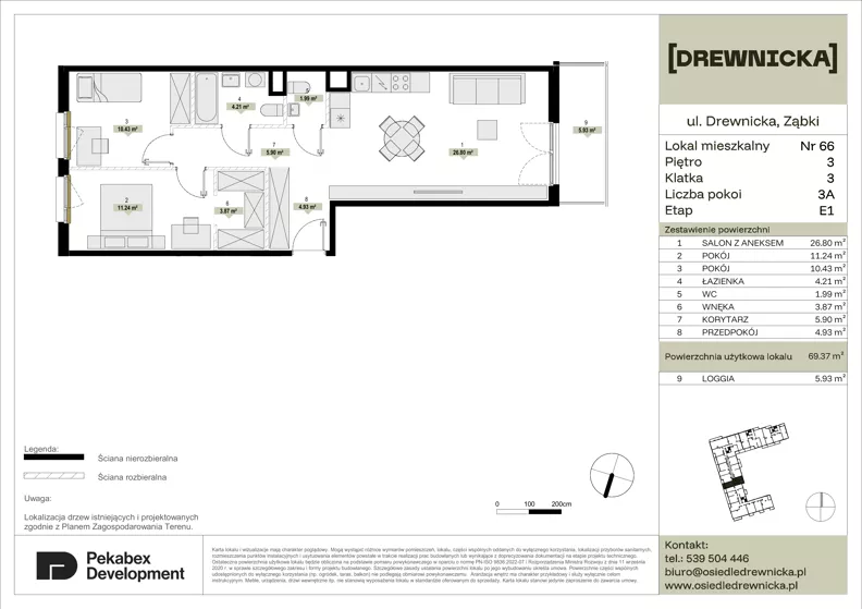 3 pokoje, mieszkanie 69,37 m², piętro 3, oferta nr E1.66, Drewnicka, Ząbki, ul. Drewnicka 7