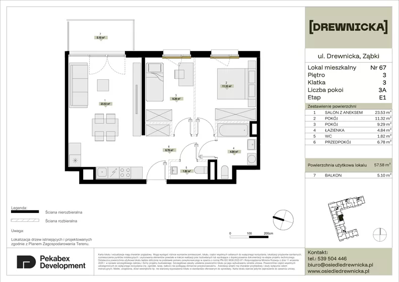 3 pokoje, mieszkanie 57,58 m², piętro 3, oferta nr E1.67, Drewnicka, Ząbki, ul. Drewnicka 7