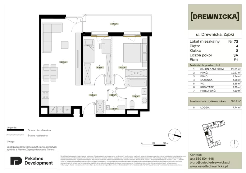 3 pokoje, mieszkanie 60,15 m², piętro 4, oferta nr E1.73, Drewnicka, Ząbki, ul. Drewnicka 7