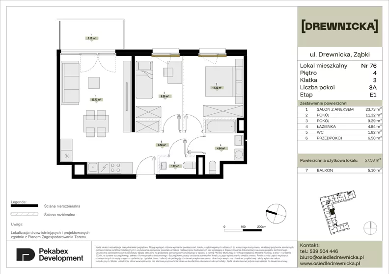 3 pokoje, mieszkanie 57,58 m², piętro 4, oferta nr E1.76, Drewnicka, Ząbki, ul. Drewnicka 7