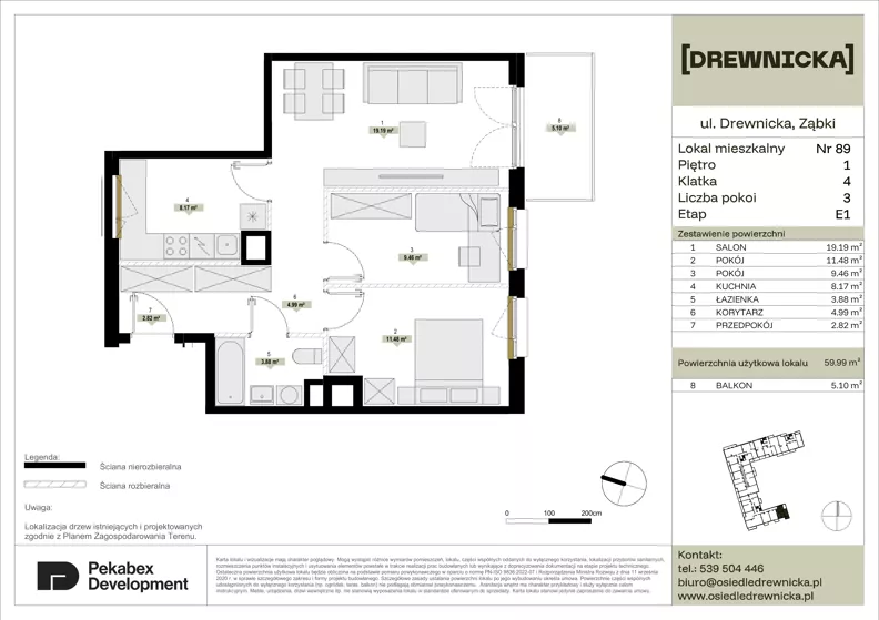 3 pokoje, mieszkanie 59,99 m², piętro 1, oferta nr E1.89, Drewnicka, Ząbki, ul. Drewnicka 7