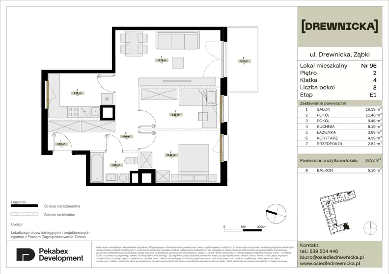 3 pokoje, mieszkanie 59,92 m², piętro 2, oferta nr E1.96, Drewnicka, Ząbki, ul. Drewnicka 7