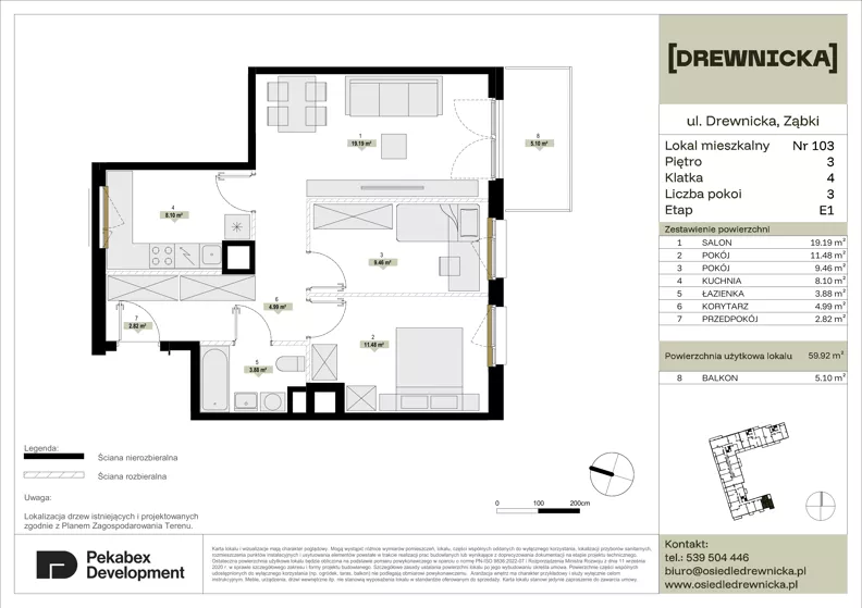 3 pokoje, mieszkanie 59,92 m², piętro 3, oferta nr E1.103, Drewnicka, Ząbki, ul. Drewnicka 7