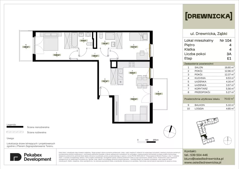3 pokoje, mieszkanie 70,02 m², piętro 4, oferta nr E1.104, Drewnicka, Ząbki, ul. Drewnicka 7