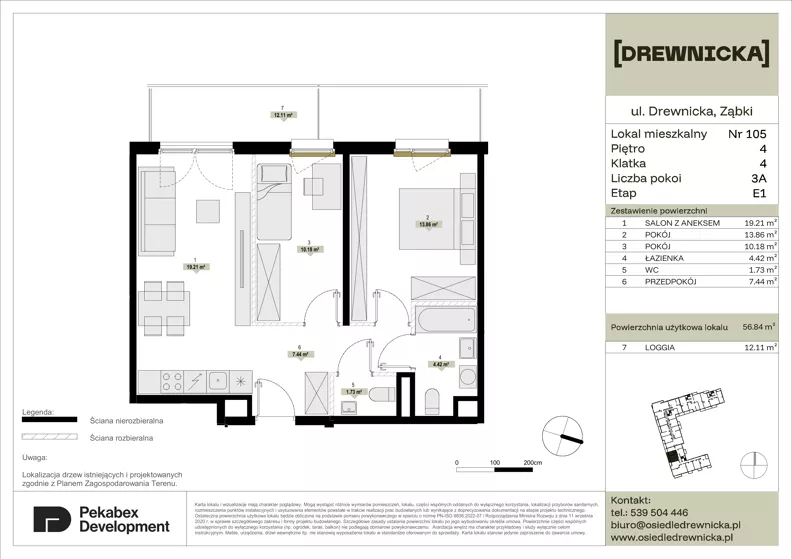 3 pokoje, mieszkanie 56,84 m², piętro 4, oferta nr E1.105, Drewnicka, Ząbki, ul. Drewnicka 7