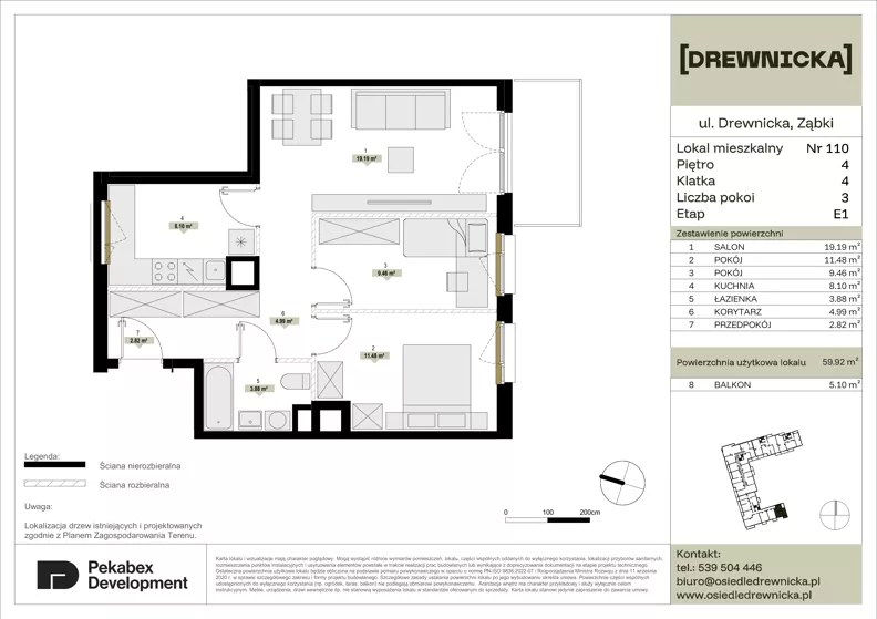 3 pokoje, mieszkanie 59,92 m², piętro 4, oferta nr E1.110, Drewnicka, Ząbki, ul. Drewnicka 7