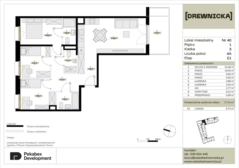 4 pokoje, mieszkanie 77,74 m², piętro 1, oferta nr E1.40, Drewnicka, Ząbki, ul. Drewnicka 7