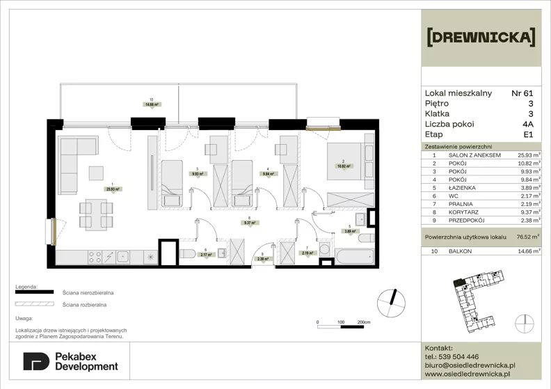 4 pokoje, mieszkanie 76,52 m², piętro 3, oferta nr E1.61, Drewnicka, Ząbki, ul. Drewnicka 7