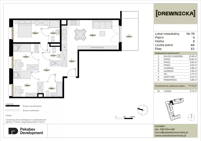 4 pokoje, mieszkanie 77,74 m², piętro 4, oferta nr E1.70, Drewnicka, Ząbki, ul. Drewnicka 7
