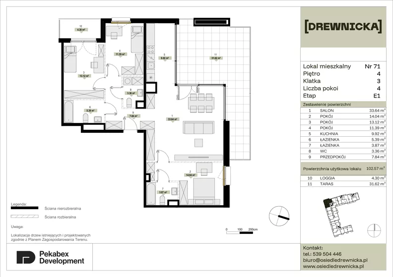 4 pokoje, mieszkanie 102,57 m², piętro 4, oferta nr E1.71, Drewnicka, Ząbki, ul. Drewnicka 7