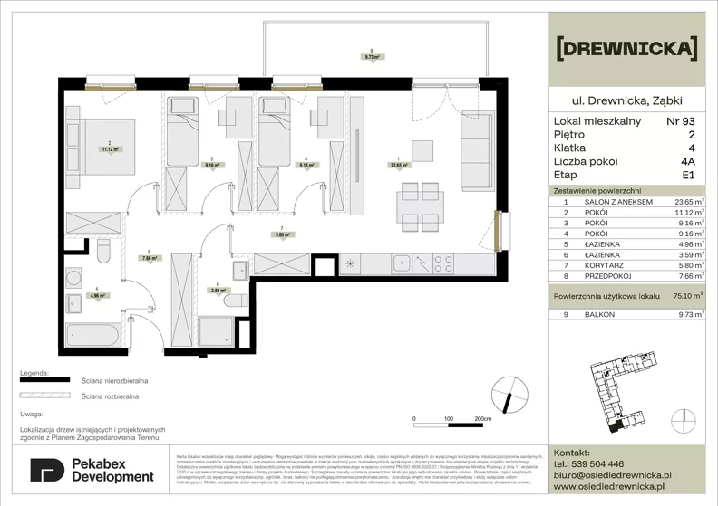 4 pokoje, mieszkanie 75,10 m², piętro 2, oferta nr E1.93, Drewnicka, Ząbki, ul. Drewnicka 7