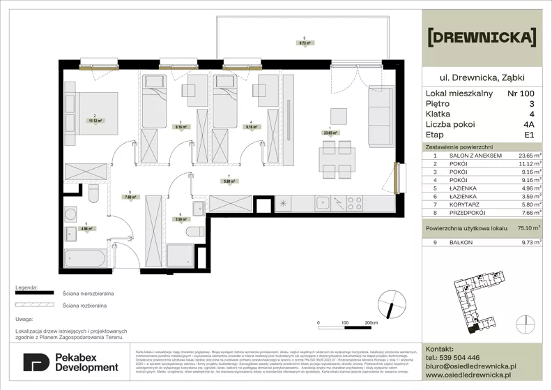4 pokoje, mieszkanie 75,10 m², piętro 3, oferta nr E1.100, Drewnicka, Ząbki, ul. Drewnicka 7