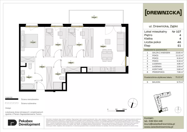 4 pokoje, mieszkanie 75,10 m², piętro 4, oferta nr E1.107, Drewnicka, Ząbki, ul. Drewnicka 7