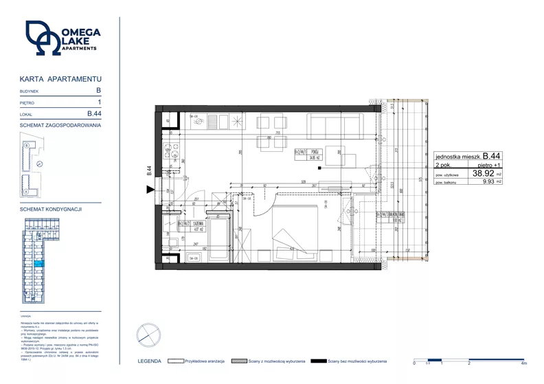 2 pokoje, apartament 38,92 m², piętro 1, oferta nr 1/44/, Omega Lake Apartments, Olsztyn, Dajtki, ul. Sielska 4