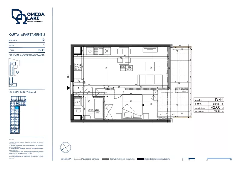 2 pokoje, apartament 42,60 m², piętro 1, oferta nr 1/41/, Omega Lake Apartments, Olsztyn, Dajtki, ul. Sielska 4