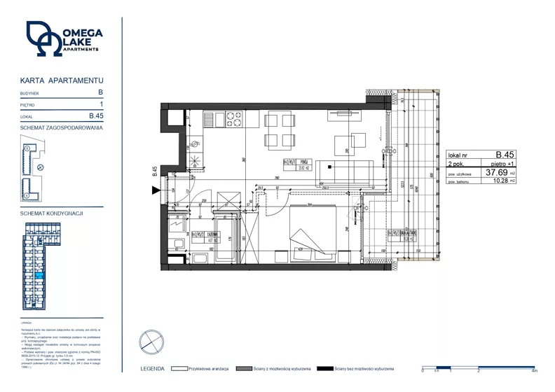 2 pokoje, apartament 37,69 m², piętro 1, oferta nr 1/45/, Omega Lake Apartments, Olsztyn, Dajtki, ul. Sielska 4