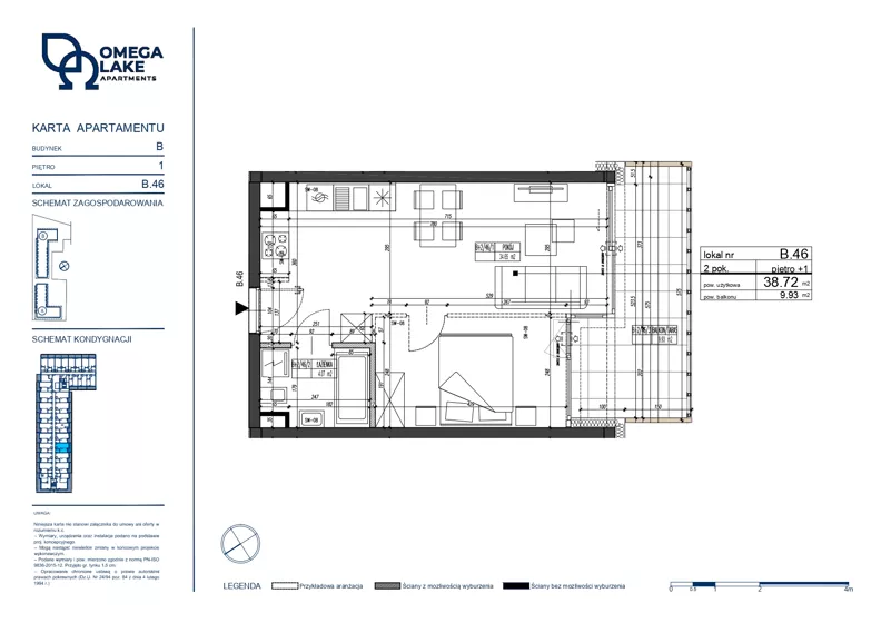 2 pokoje, apartament 38,72 m², piętro 1, oferta nr 1/46/, Omega Lake Apartments, Olsztyn, Dajtki, ul. Sielska 4
