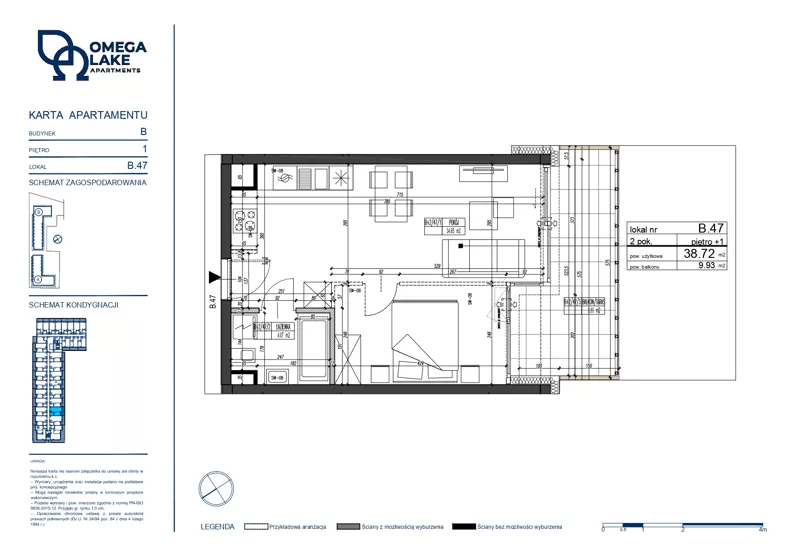 2 pokoje, apartament 38,72 m², piętro 1, oferta nr 1/47/, Omega Lake Apartments, Olsztyn, Dajtki, ul. Sielska 4