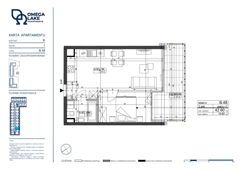 2 pokoje, apartament 42,60 m², piętro 1, oferta nr 1/48/, Omega Lake Apartments, Olsztyn, Dajtki, ul. Sielska 4