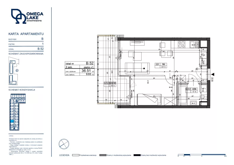 2 pokoje, apartament 36,51 m², piętro 1, oferta nr 1/52/, Omega Lake Apartments, Olsztyn, Dajtki, ul. Sielska 4