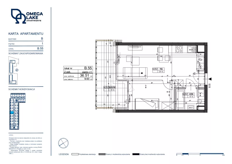 2 pokoje, apartament 36,51 m², piętro 1, oferta nr 1/55/, Omega Lake Apartments, Olsztyn, Dajtki, ul. Sielska 4
