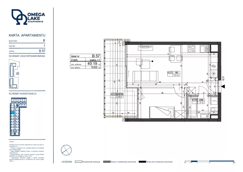 2 pokoje, apartament 40,19 m², piętro 1, oferta nr 1/57/, Omega Lake Apartments, Olsztyn, Dajtki, ul. Sielska 4