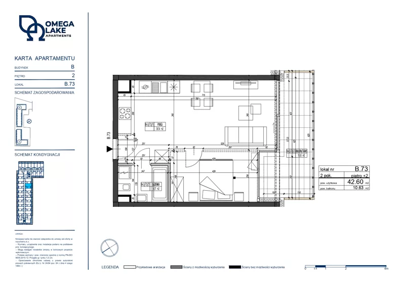 2 pokoje, apartament 42,60 m², piętro 2, oferta nr 2/73/, Omega Lake Apartments, Olsztyn, Dajtki, ul. Sielska 4