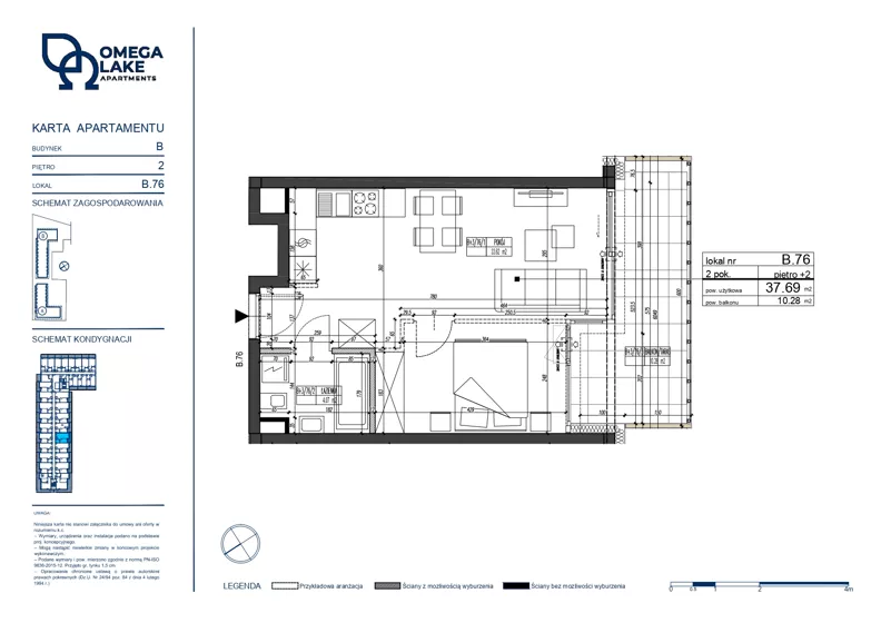 2 pokoje, apartament 37,69 m², piętro 2, oferta nr 2/76/, Omega Lake Apartments, Olsztyn, Dajtki, ul. Sielska 4