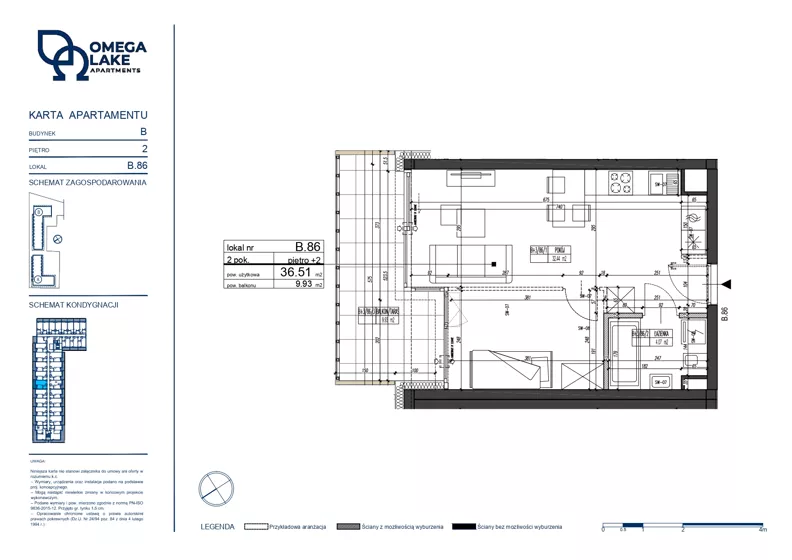 2 pokoje, apartament 36,51 m², piętro 2, oferta nr 2/86/, Omega Lake Apartments, Olsztyn, Dajtki, ul. Sielska 4