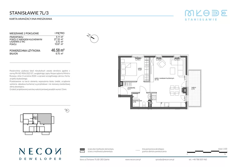 2 pokoje, mieszkanie 46,58 m², piętro 1, oferta nr B11-3, Młode Stanisławie - bud B10, B11, Stanisławie, ul. Stanisławie 7A