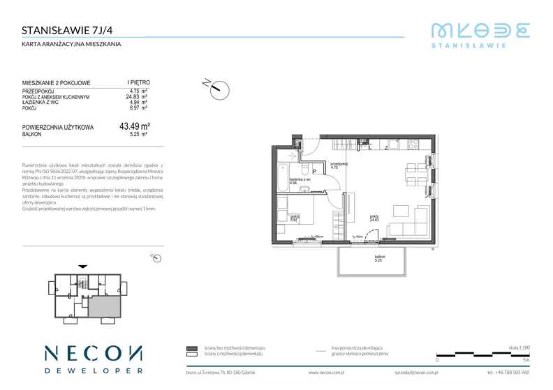 2 pokoje, mieszkanie 43,49 m², piętro 1, oferta nr B9-4, Młode Stanisławie - bud B8, B9, Stanisławie, ul. Stanisławie 7A