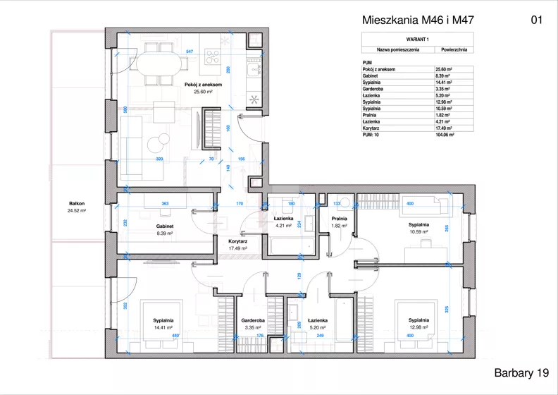5 pokoi, mieszkanie 104,06 m², piętro 2, oferta nr 46_47, Apartamenty Barbary 19, Katowice, Śródmieście, ul. Barbary 19