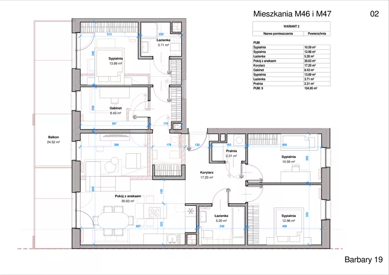 5 pokoi, mieszkanie 104,95 m², piętro 2, oferta nr 46_47, Apartamenty Barbary 19, Katowice, Śródmieście, ul. Barbary 19